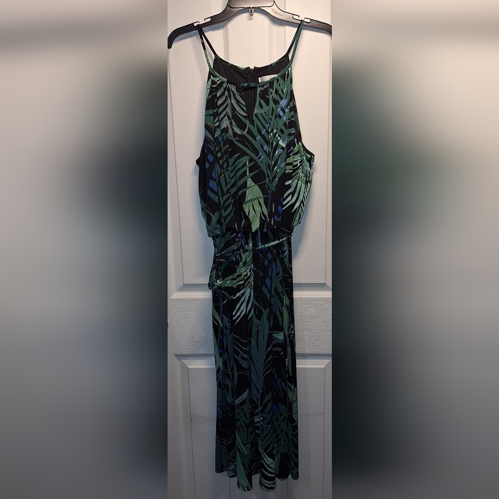 London Times Green Black Leaf Print Wide Leg Capri Pant Suit 1X